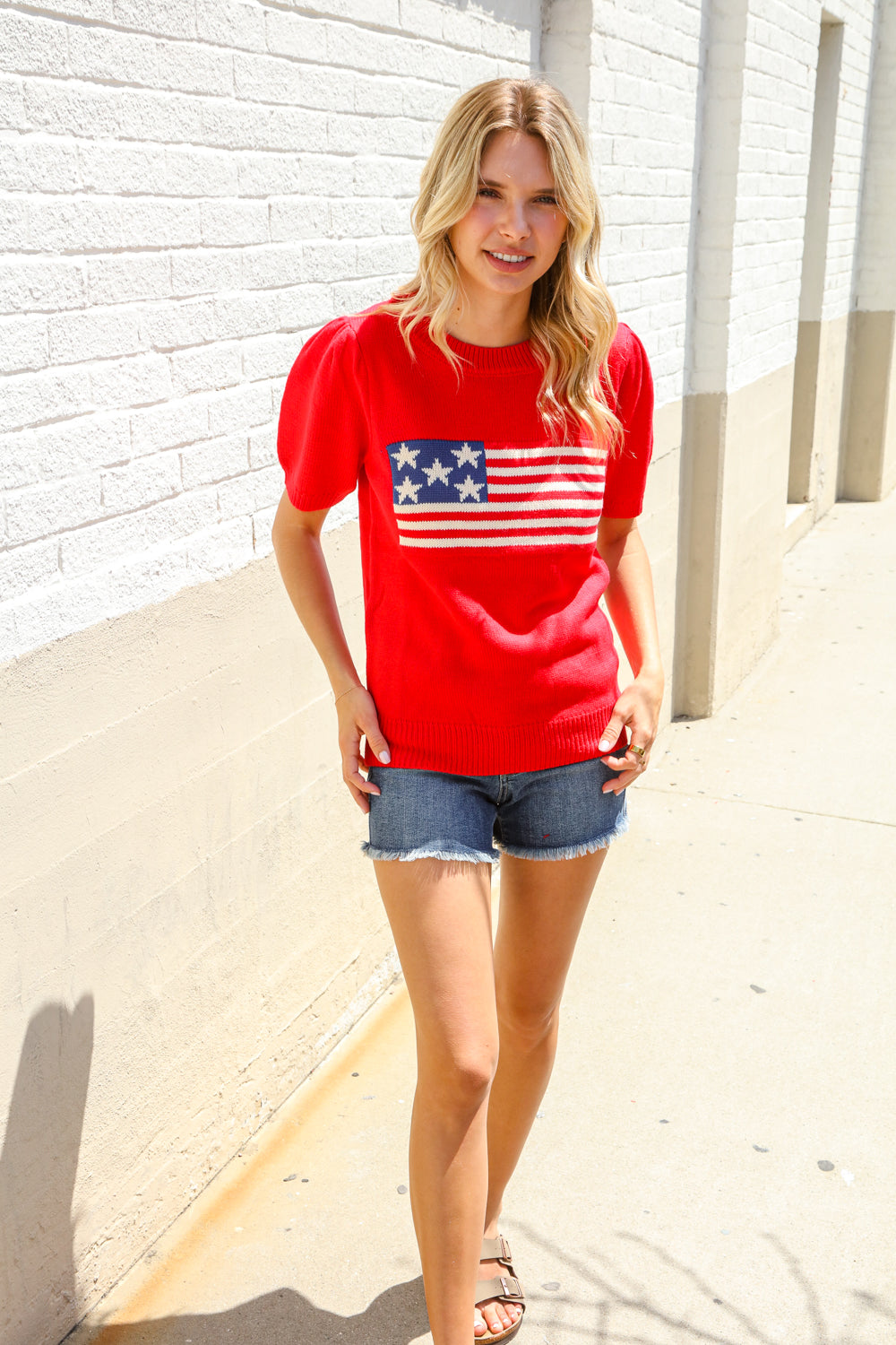 Haptics Red American Flag Bubble Short Sleeve Jacquard Sweater Knit Pullover