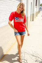 Haptics Red American Flag Bubble Short Sleeve Jacquard Sweater Knit Pullover