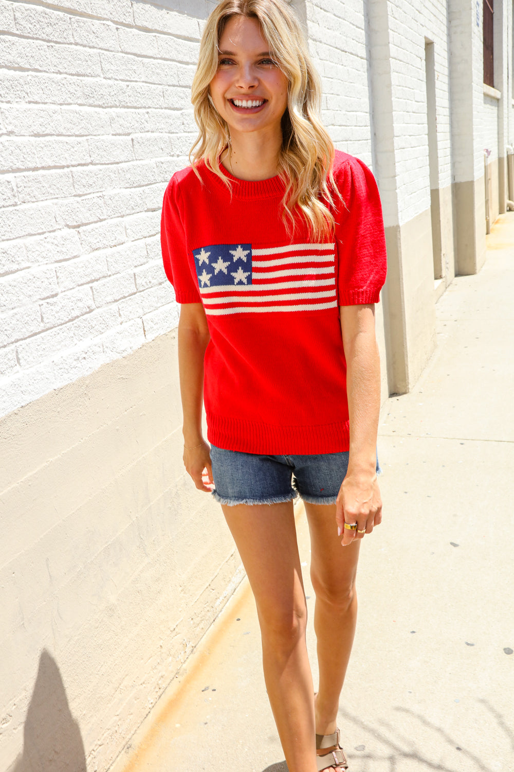 Haptics Red American Flag Bubble Short Sleeve Jacquard Sweater Knit Pullover