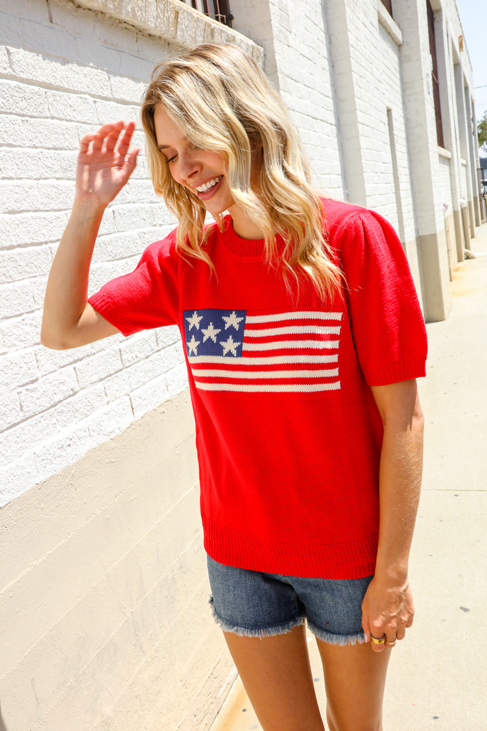 Haptics Red American Flag Bubble Short Sleeve Jacquard Sweater Knit Pullover
