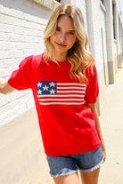 Haptics Red American Flag Bubble Short Sleeve Jacquard Sweater Knit Pullover