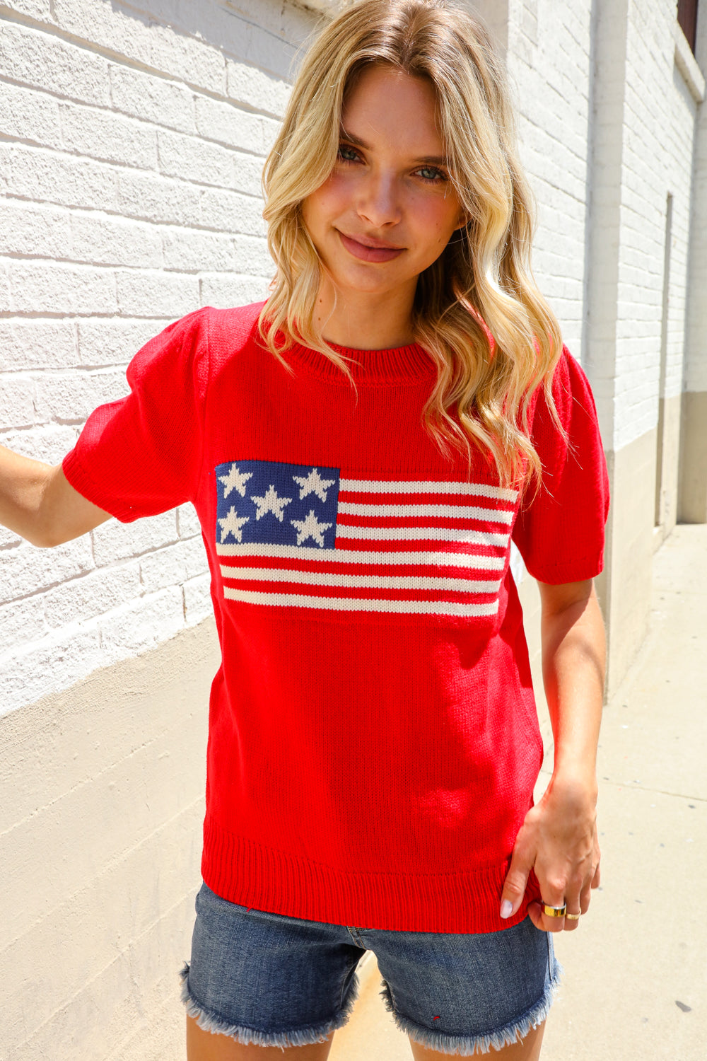 Haptics Red American Flag Bubble Short Sleeve Jacquard Sweater Knit Pullover