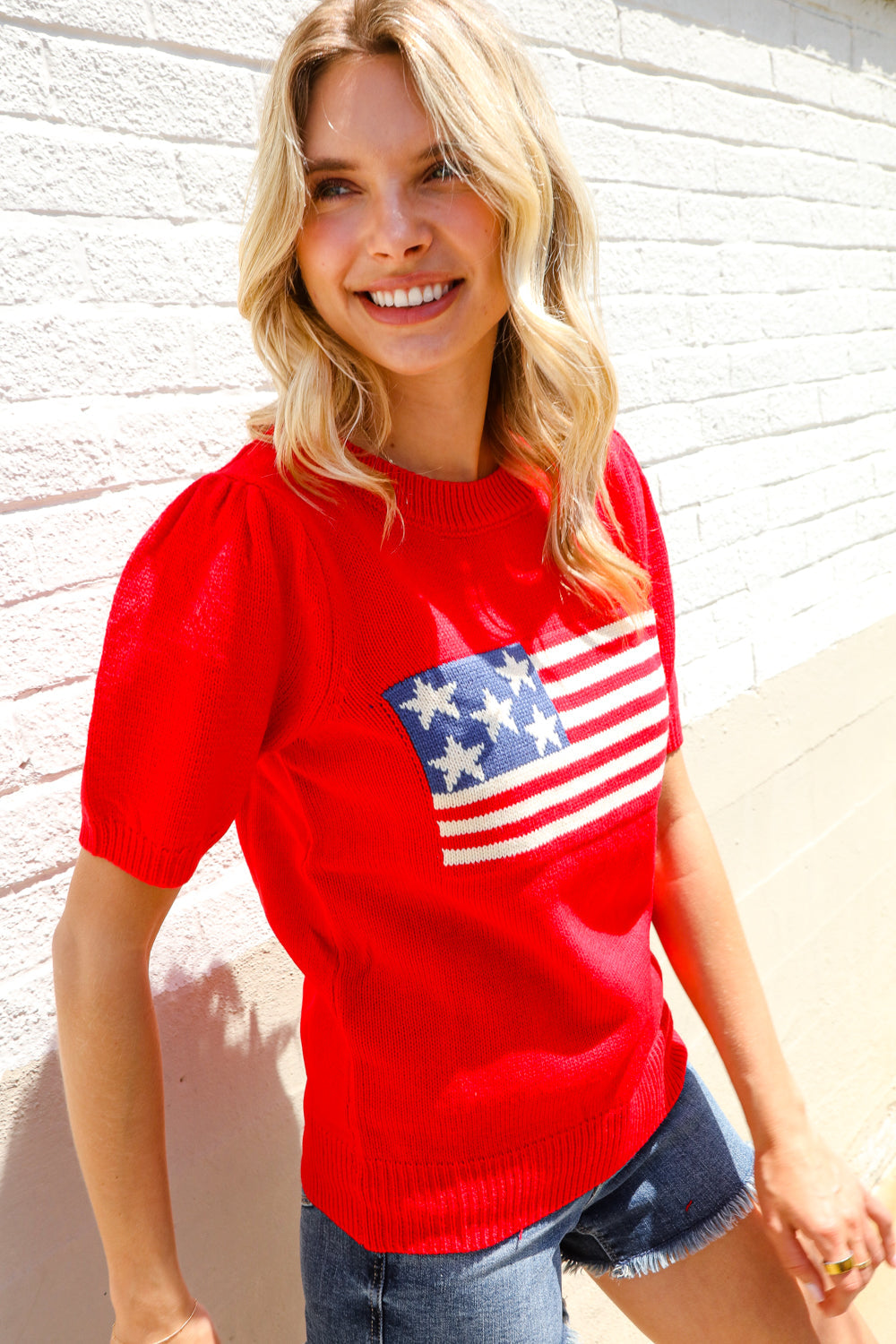Haptics Red American Flag Bubble Short Sleeve Jacquard Sweater Knit Pullover