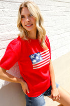 Haptics Red American Flag Bubble Short Sleeve Jacquard Sweater Knit Pullover