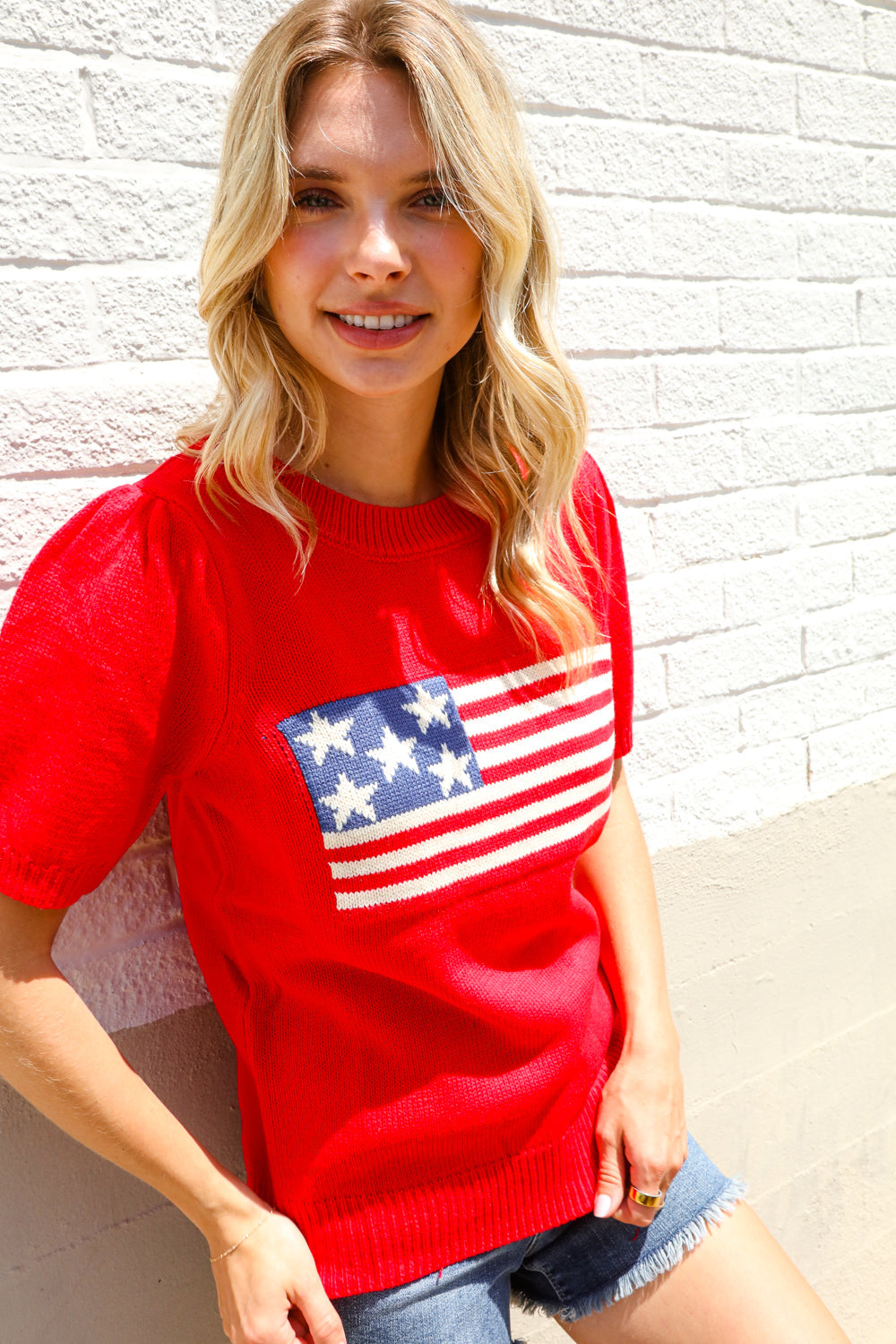 Haptics Red American Flag Bubble Short Sleeve Jacquard Sweater Knit Pullover
