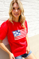 Haptics Red American Flag Bubble Short Sleeve Jacquard Sweater Knit Pullover