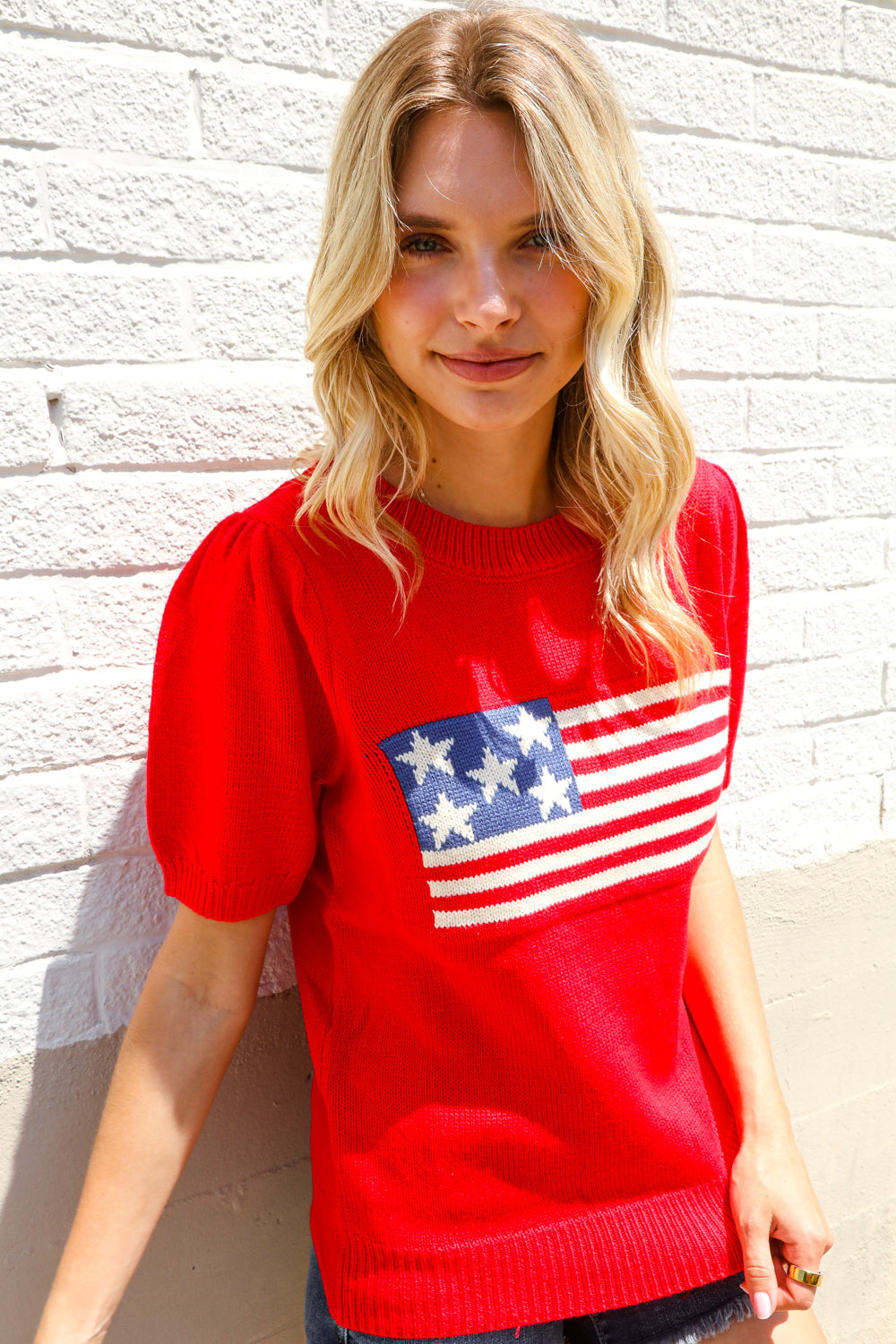 Haptics Red American Flag Bubble Short Sleeve Jacquard Sweater Knit Pullover