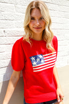 Haptics Red American Flag Bubble Short Sleeve Jacquard Sweater Knit Pullover