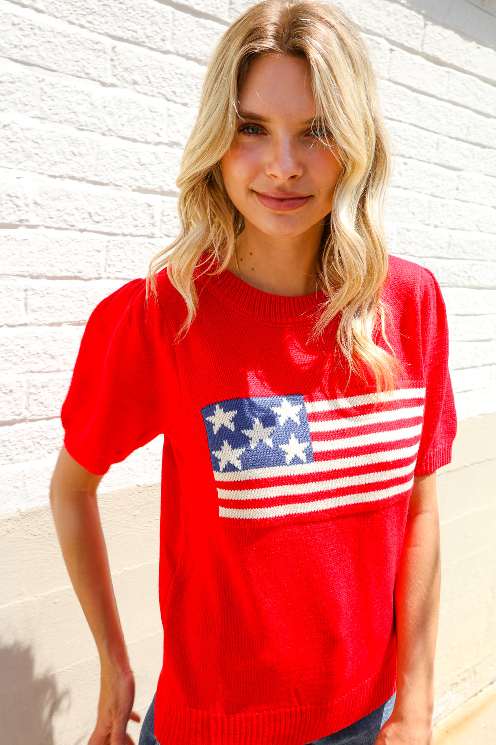 Haptics Red American Flag Bubble Short Sleeve Jacquard Sweater Knit Pullover