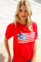 Haptics Red American Flag Bubble Short Sleeve Jacquard Sweater Knit Pullover