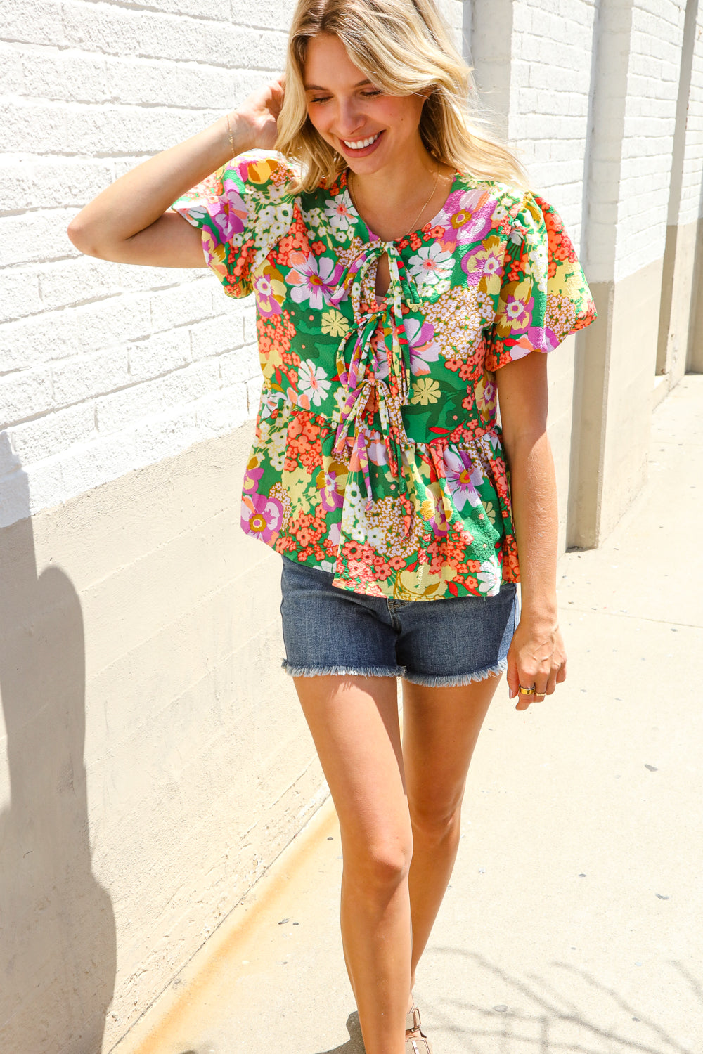 Haptics Green Floral Ribbon Tie Babydoll Top