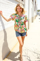 Haptics Green Floral Ribbon Tie Babydoll Top