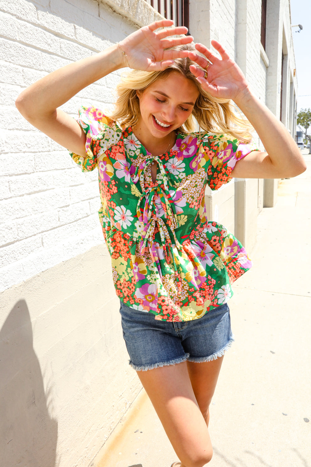 Haptics Green Floral Ribbon Tie Babydoll Top