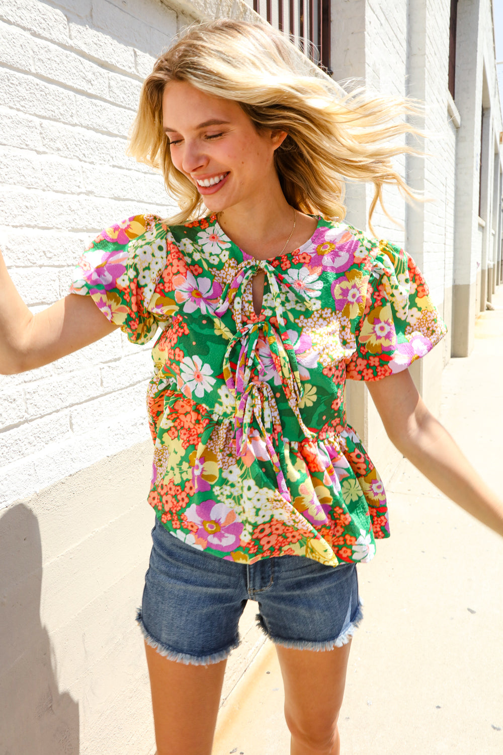 Haptics Green Floral Ribbon Tie Babydoll Top