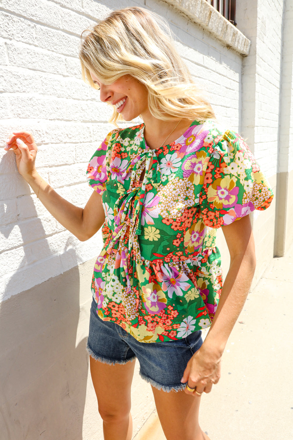 Haptics Green Floral Ribbon Tie Babydoll Top