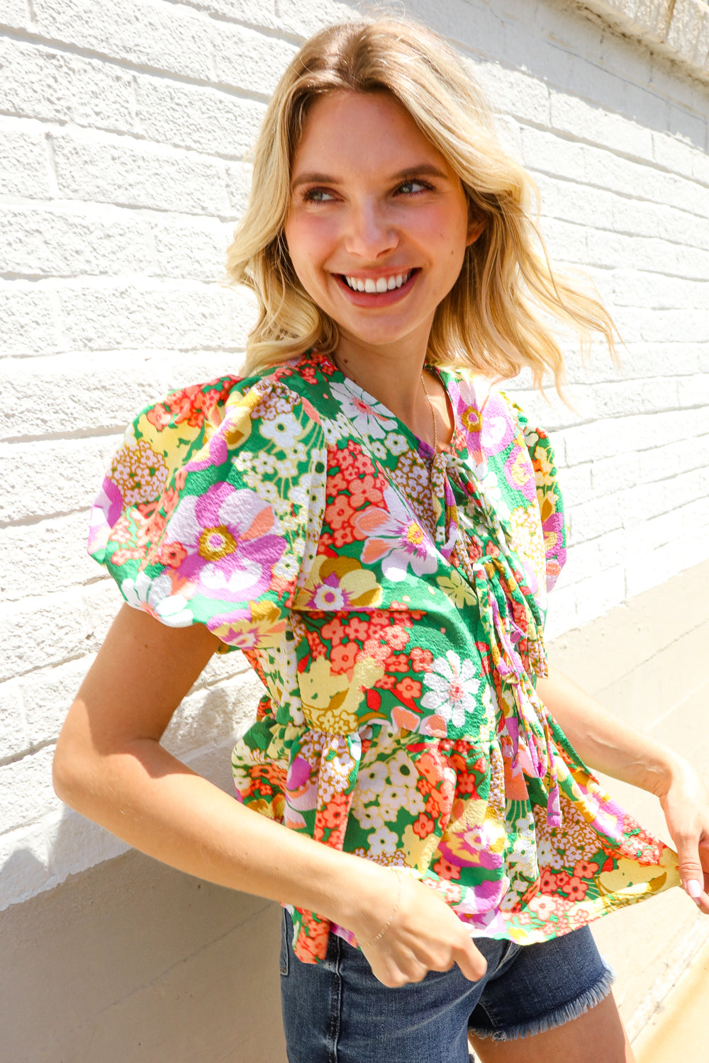 Haptics Green Floral Ribbon Tie Babydoll Top