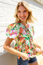 Haptics Green Floral Ribbon Tie Babydoll Top