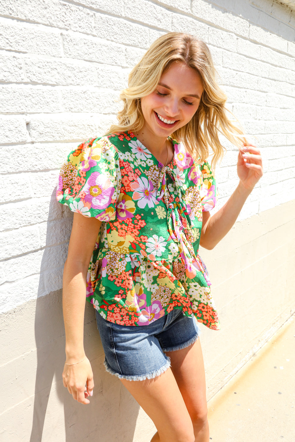 Haptics Green Floral Ribbon Tie Babydoll Top