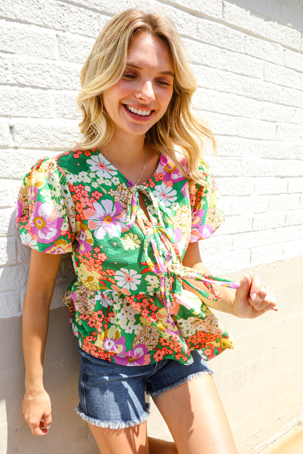 Haptics Green Floral Ribbon Tie Babydoll Top