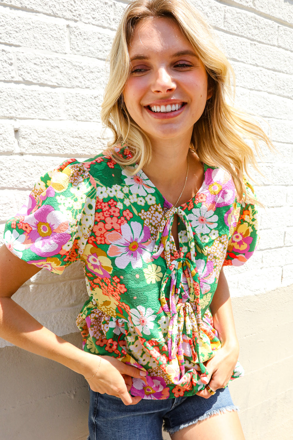 Haptics Green Floral Ribbon Tie Babydoll Top