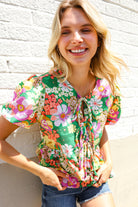 Haptics Green Floral Ribbon Tie Babydoll Top