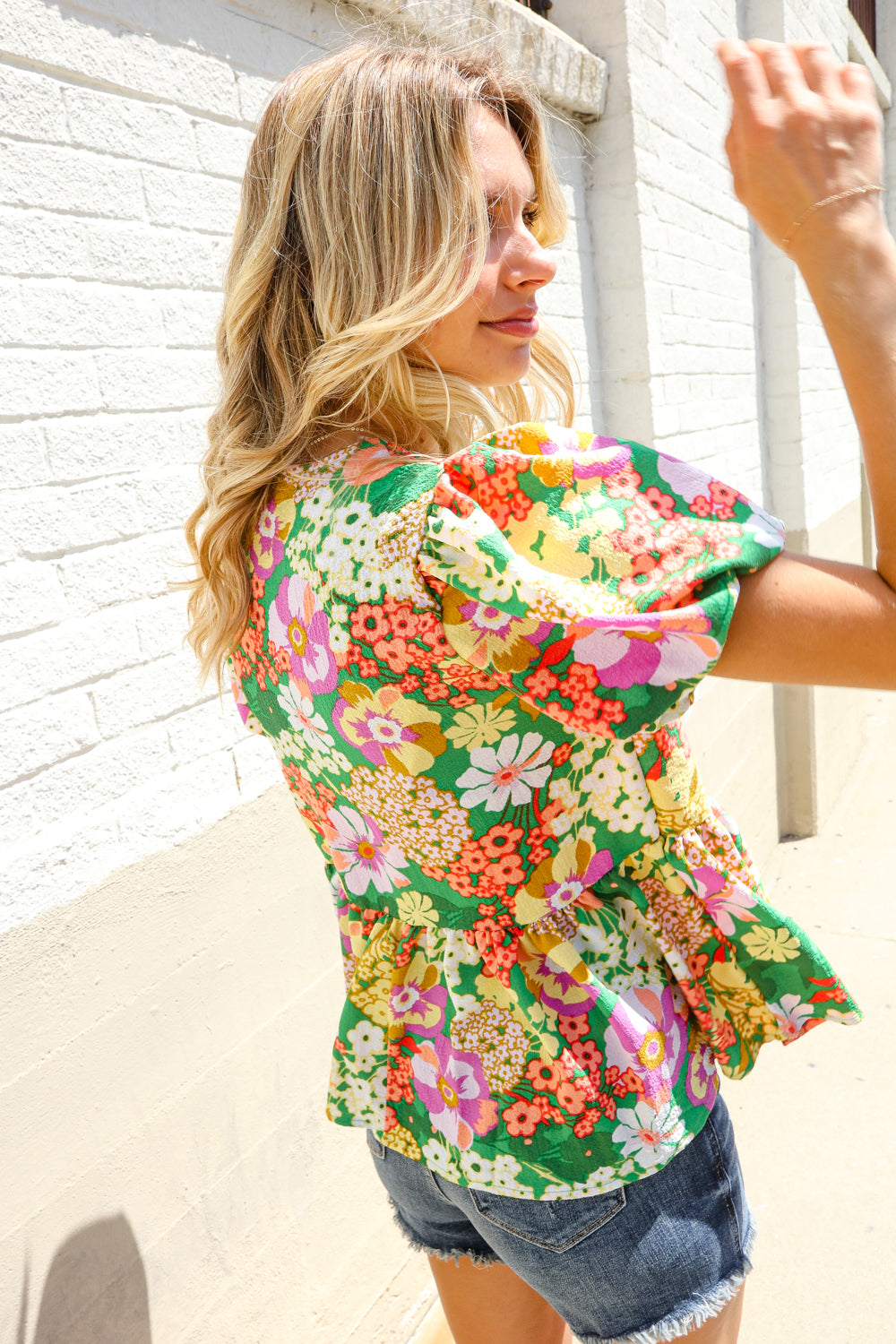 Haptics Green Floral Ribbon Tie Babydoll Top