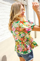 Haptics Green Floral Ribbon Tie Babydoll Top