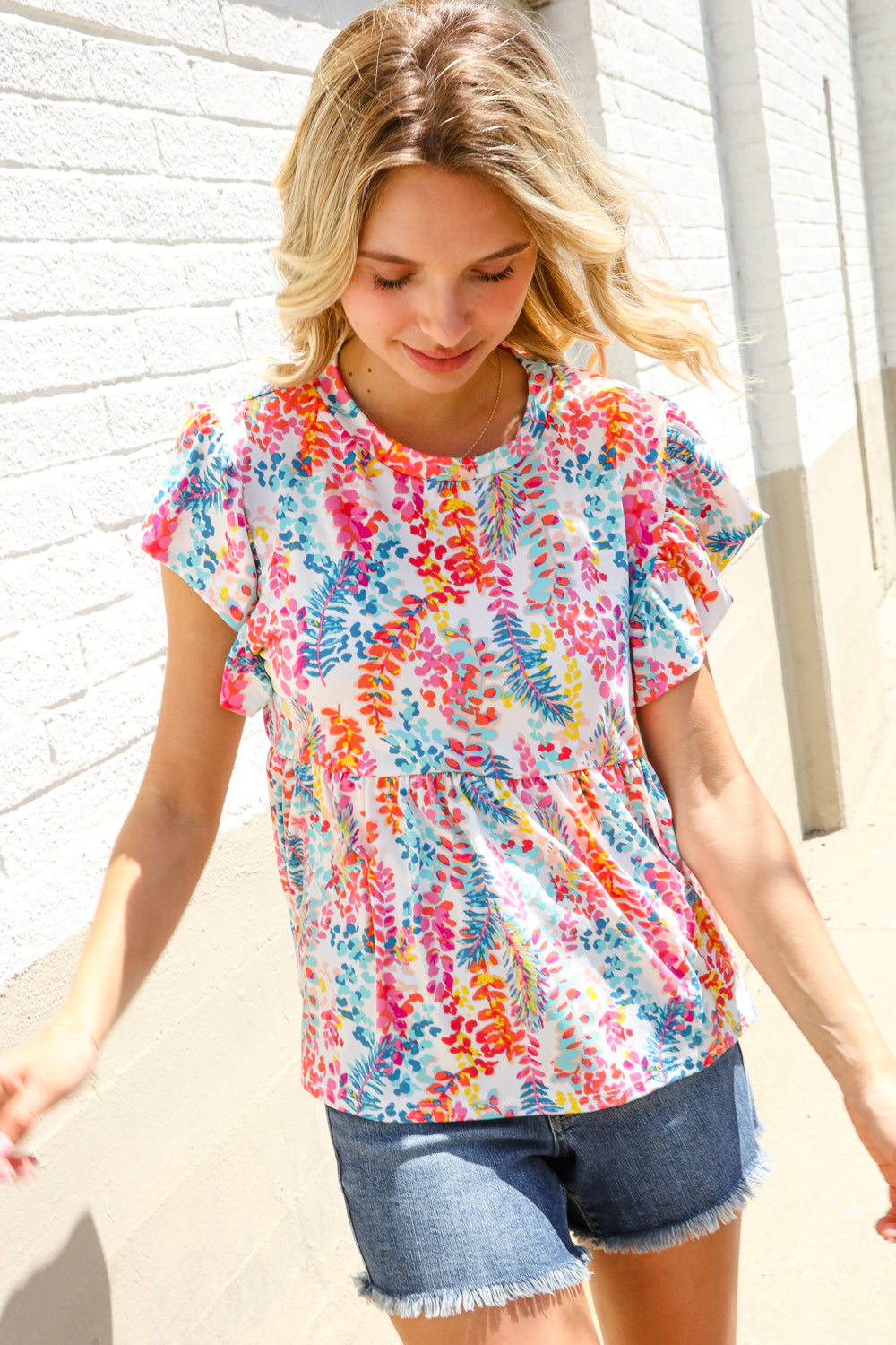 Haptics Ivory Floral Leaf Print Short Sleeve Babydoll Top