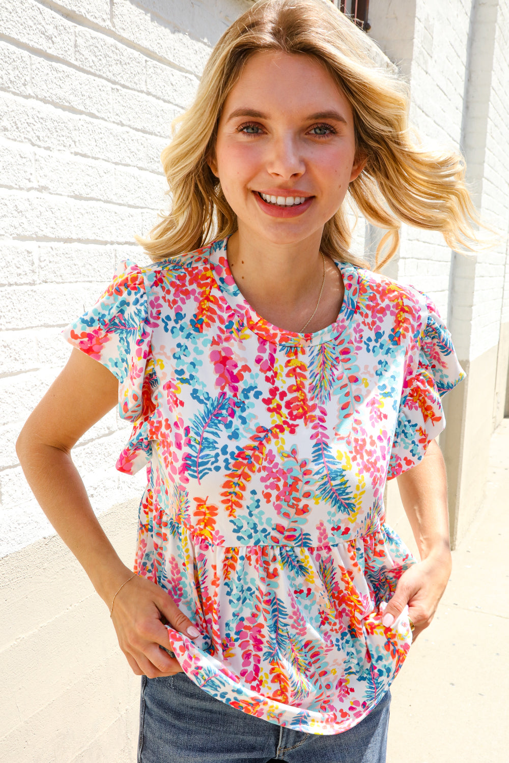 Haptics Ivory Floral Leaf Print Short Sleeve Babydoll Top