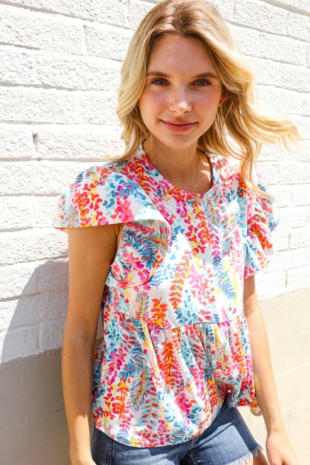 Haptics Ivory Floral Leaf Print Short Sleeve Babydoll Top