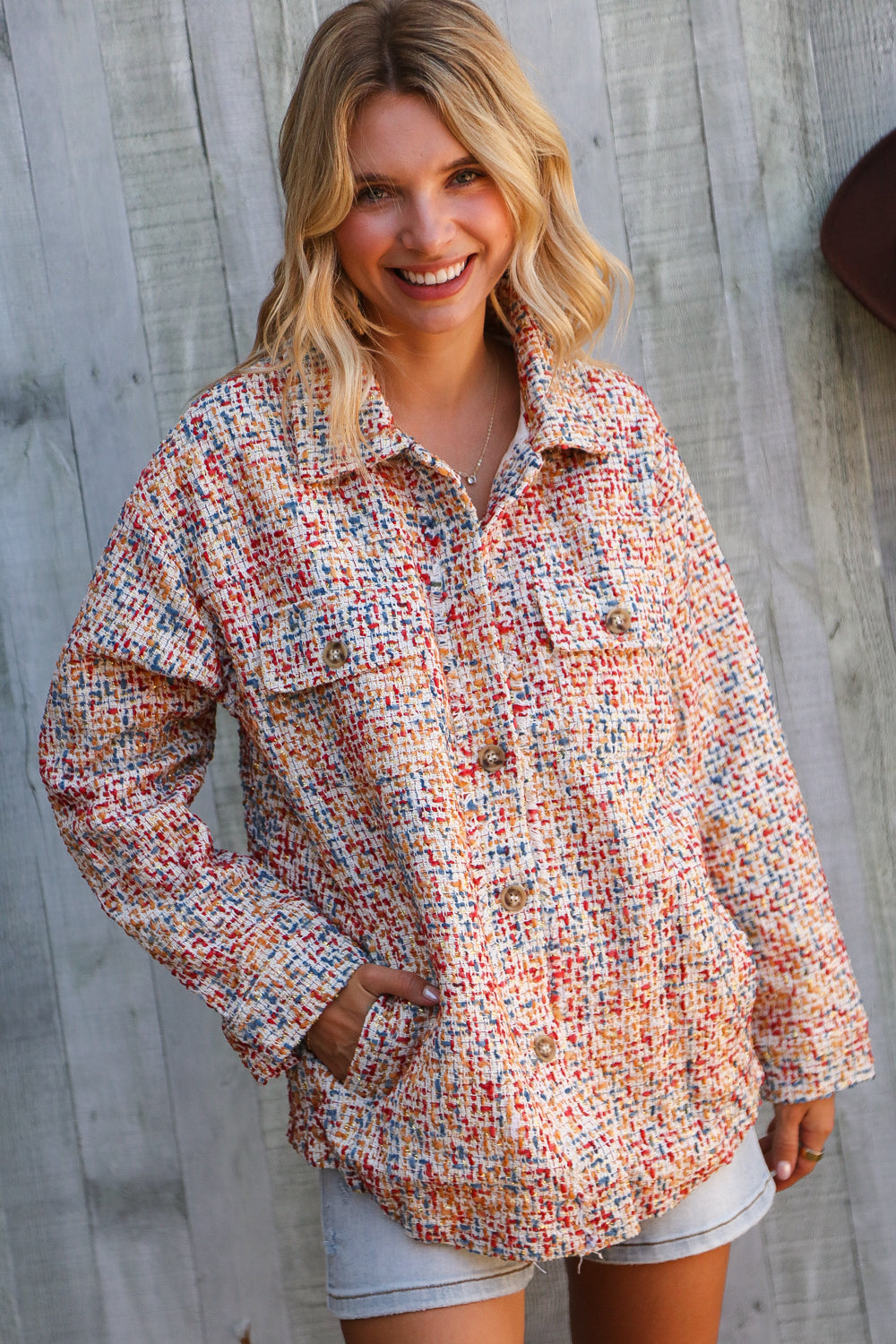 And The Why Multicolor Twill Long Sleeve Button-Down Shacket