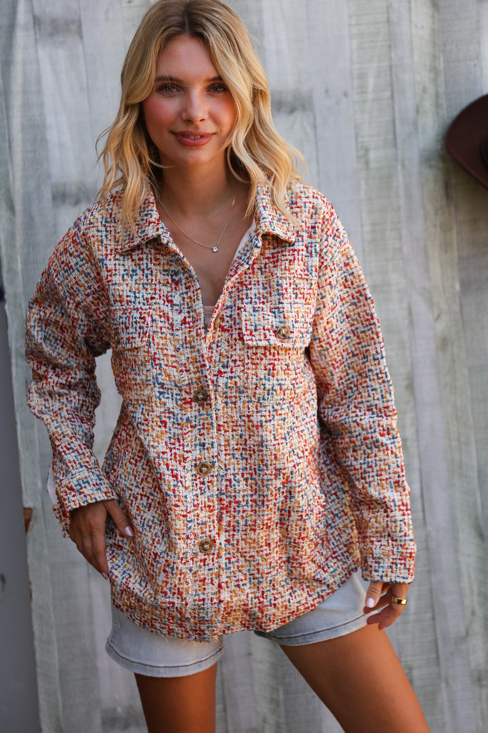And The Why Multicolor Twill Long Sleeve Button-Down Shacket