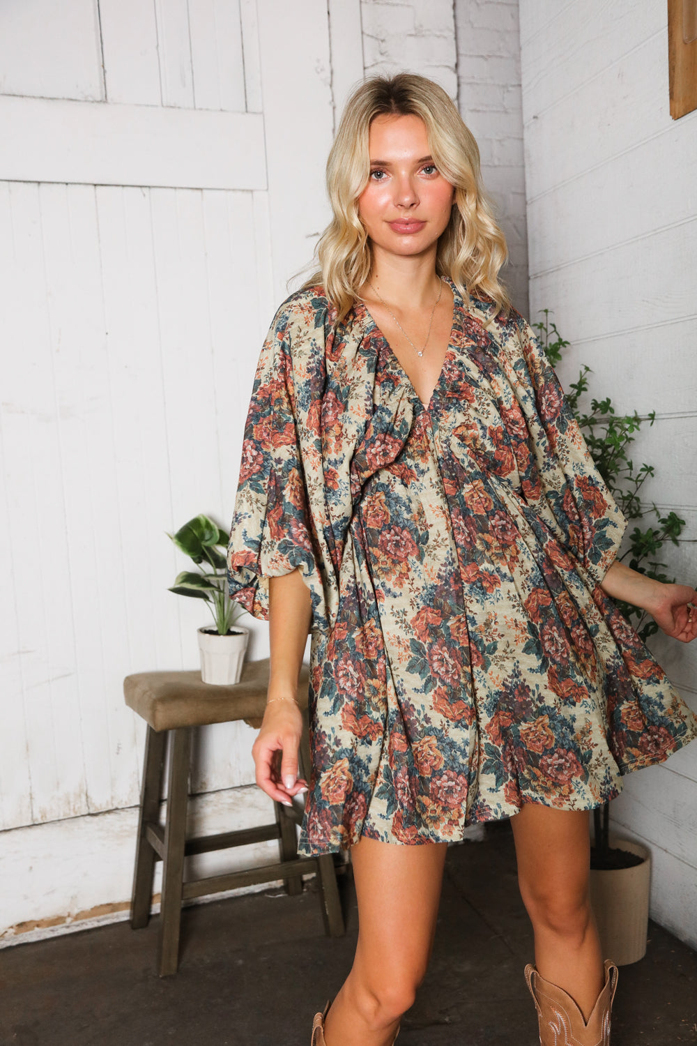 Kori America Autumn Equinox Antique Rose Boho V Neck Dress
