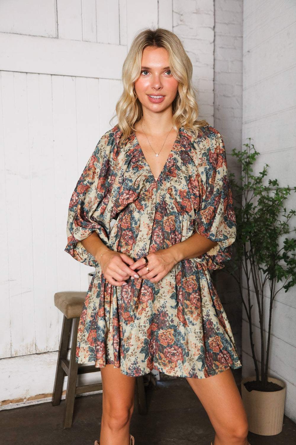 Kori America Autumn Equinox Antique Rose Boho V Neck Dress