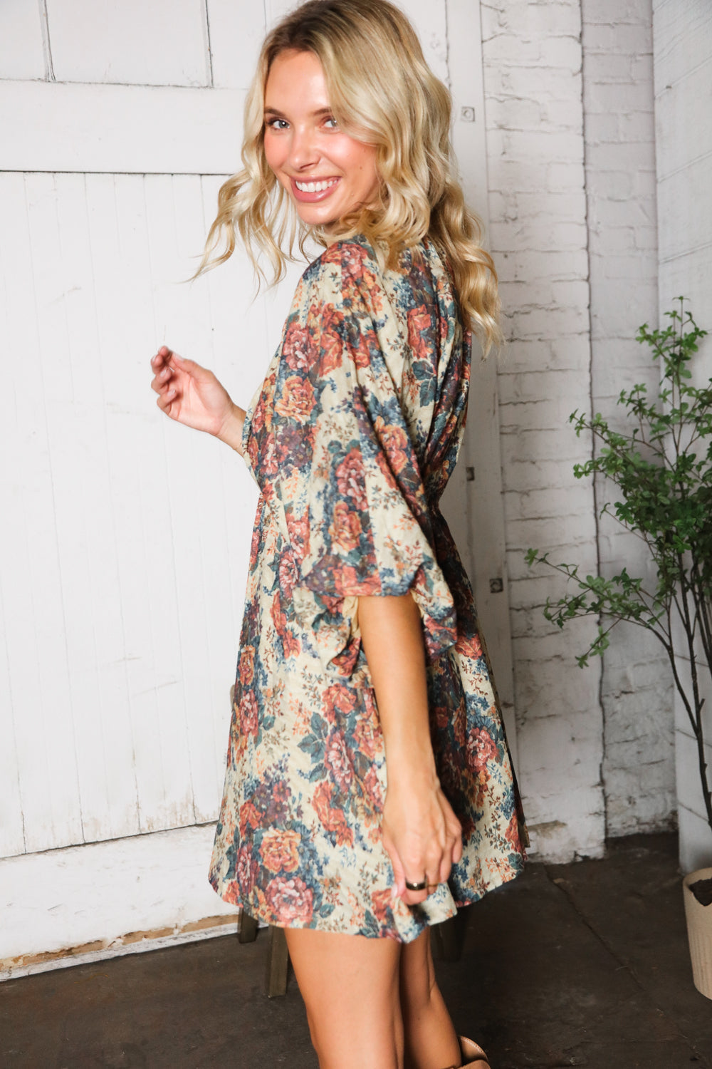 Kori America Autumn Equinox Antique Rose Boho V Neck Dress