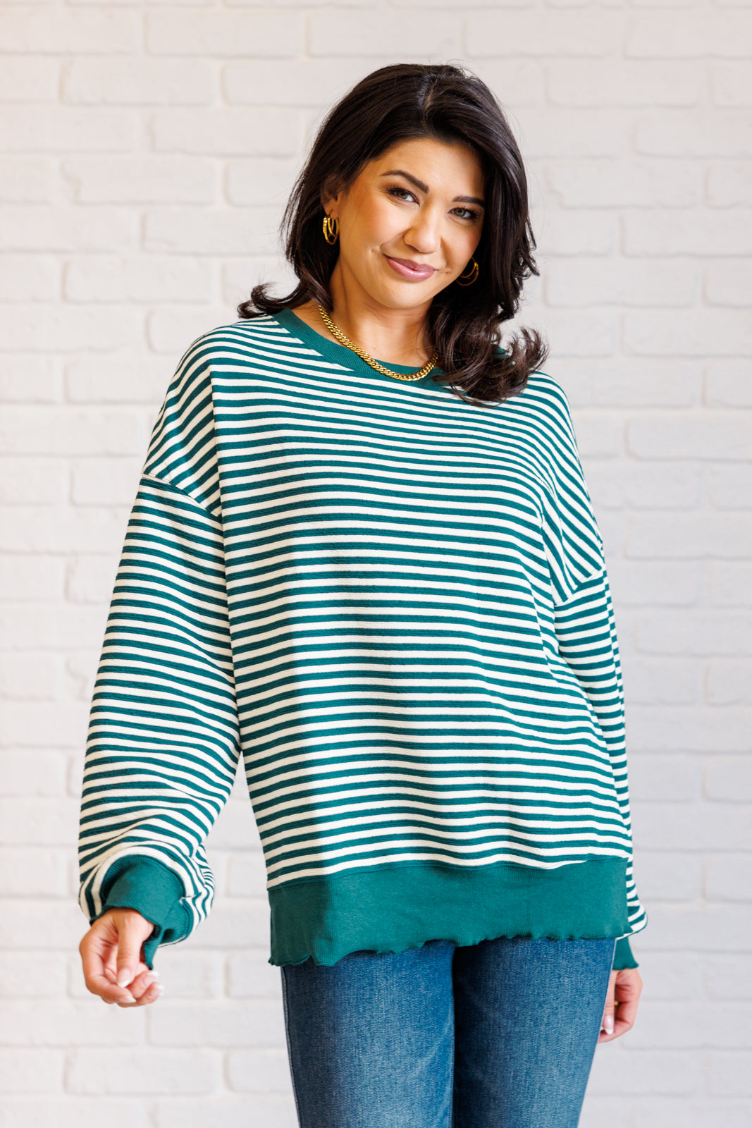 One Eleven North Too Good to be True Striped Drop Shoulder Top in Green Tops