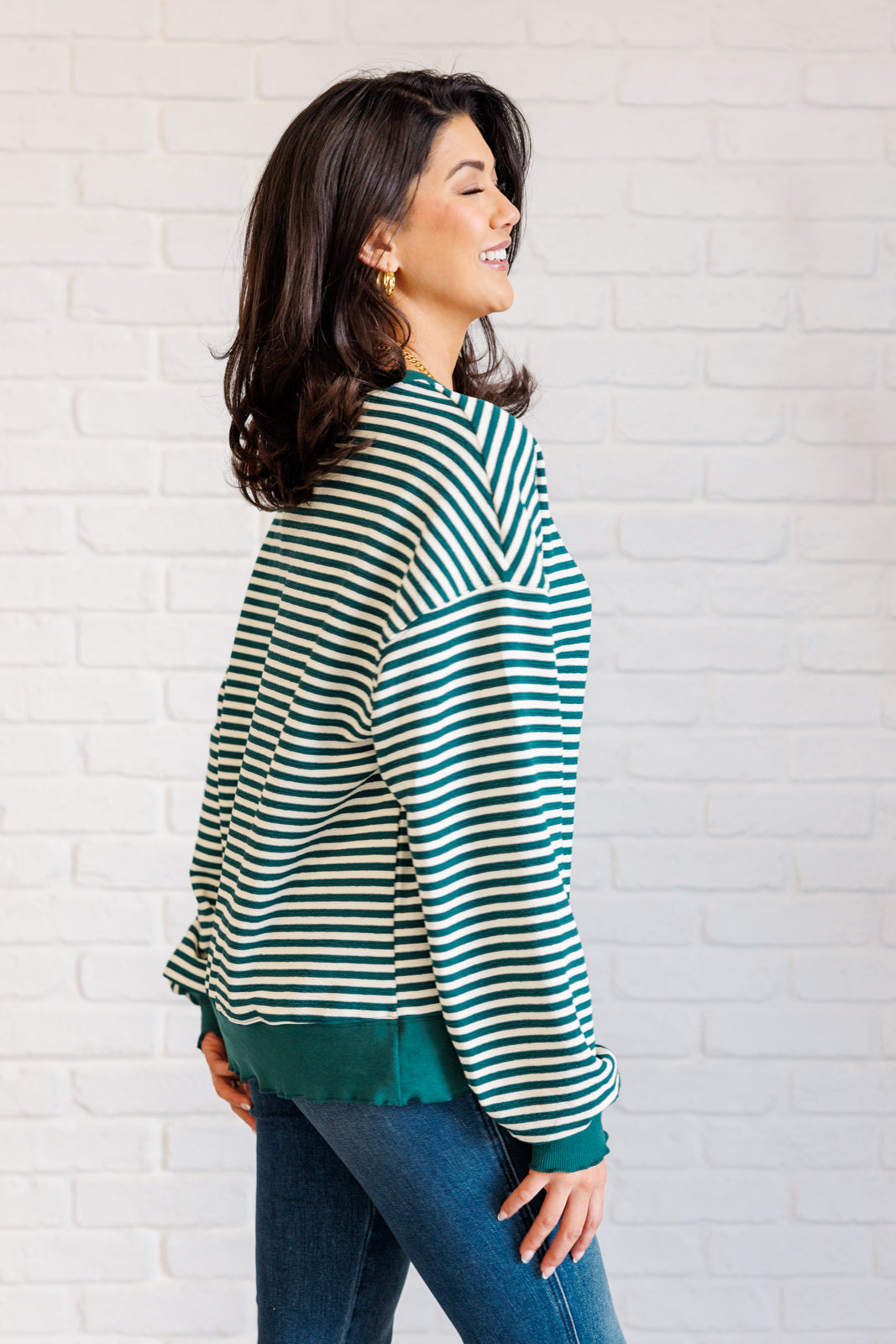 One Eleven North Too Good to be True Striped Drop Shoulder Top in Green Tops