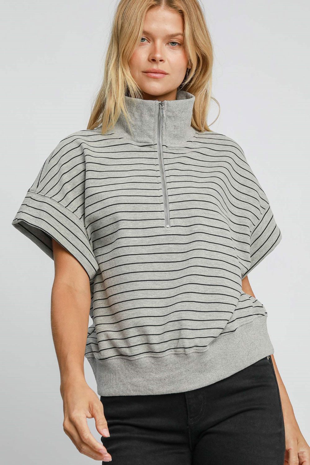 Umgee Gray Striped Half Zip Short Sleeve Sweatshirt Gray