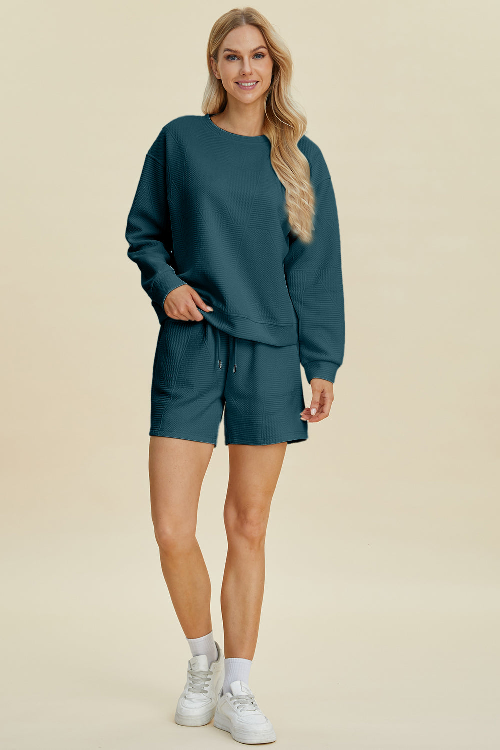 Double Take Peacock Blue Textures Round Neck Long Sleeve Top and Shorts Set Trendsi