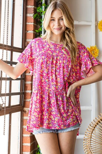 Heimish Ruffled Short Sleeve Floral Tiered Blouse