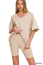 Zenana Sand Beige Cotton V-neck Top & Biker Shorts Set