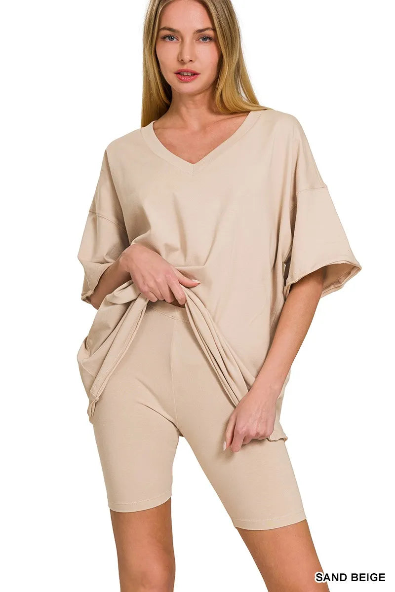 Zenana Sand Beige Cotton V-neck Top & Biker Shorts Set
