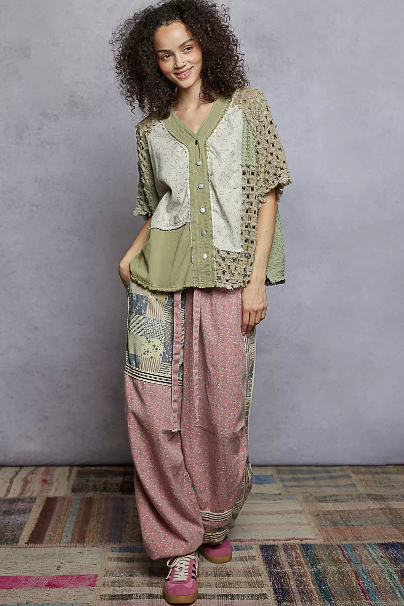 POL Button Down V-Neck Jacket with Printed Woven Patchwork