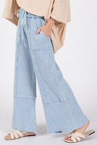 SAGE + FIG Light Blue Waffle Textured Wide Leg Mineral Washed Pants