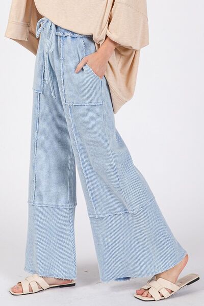 SAGE + FIG Light Blue Waffle Textured Wide Leg Mineral Washed Pants