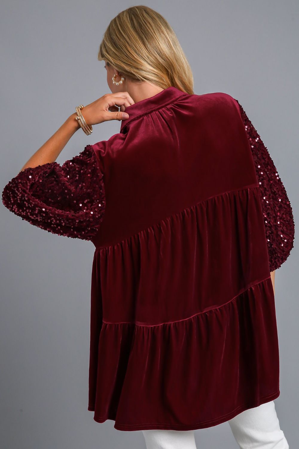 Umgee Velvet Tiered Back Sequin Detail Sleeve Blouse in Wine Shirts & Tops