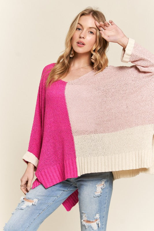 ADORA Hot Pink Side Slit Color Block Long Sleeve Sweater