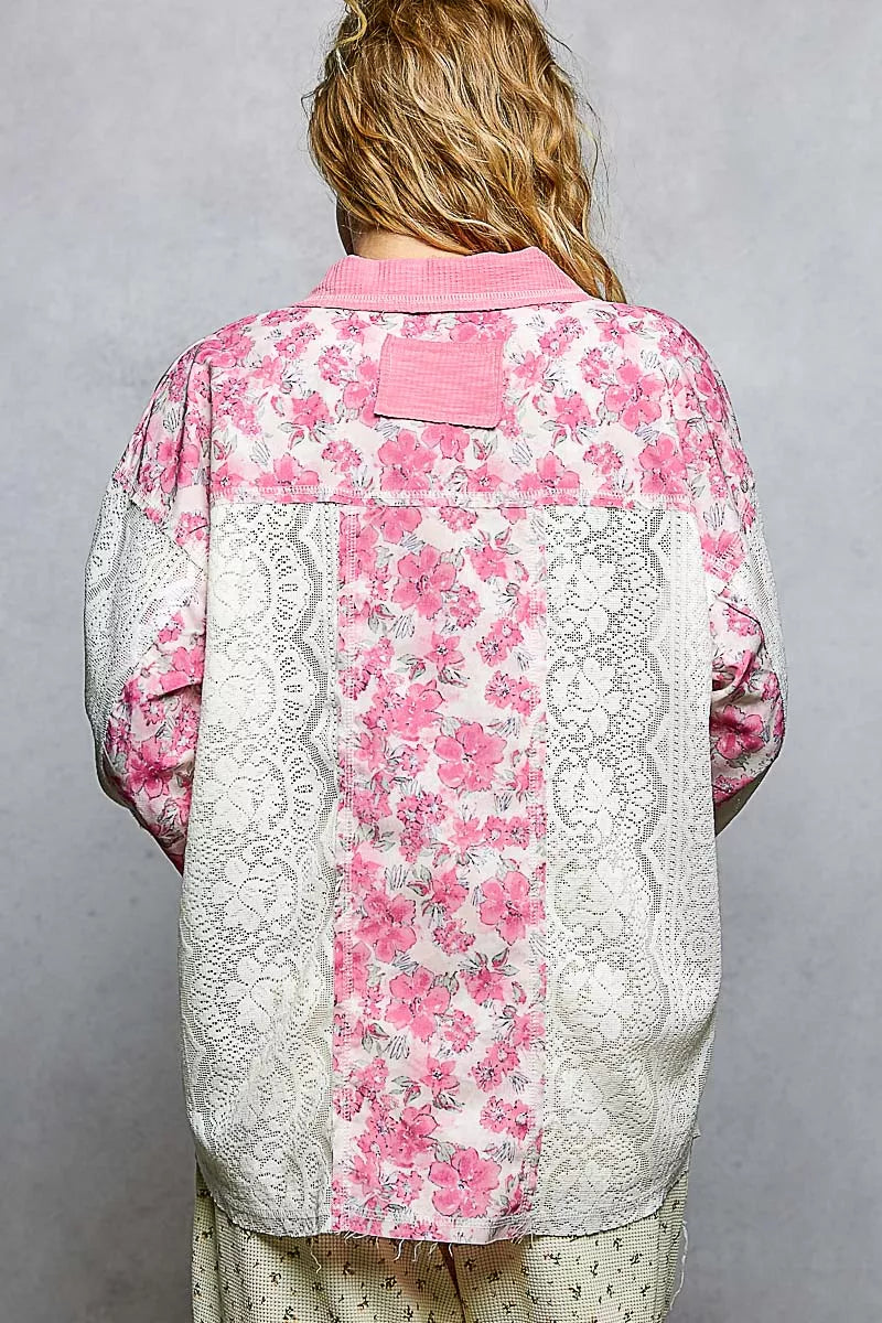 POL Candy Pink Floral Print Long Sleeve Lace Shirt with Front Pocket