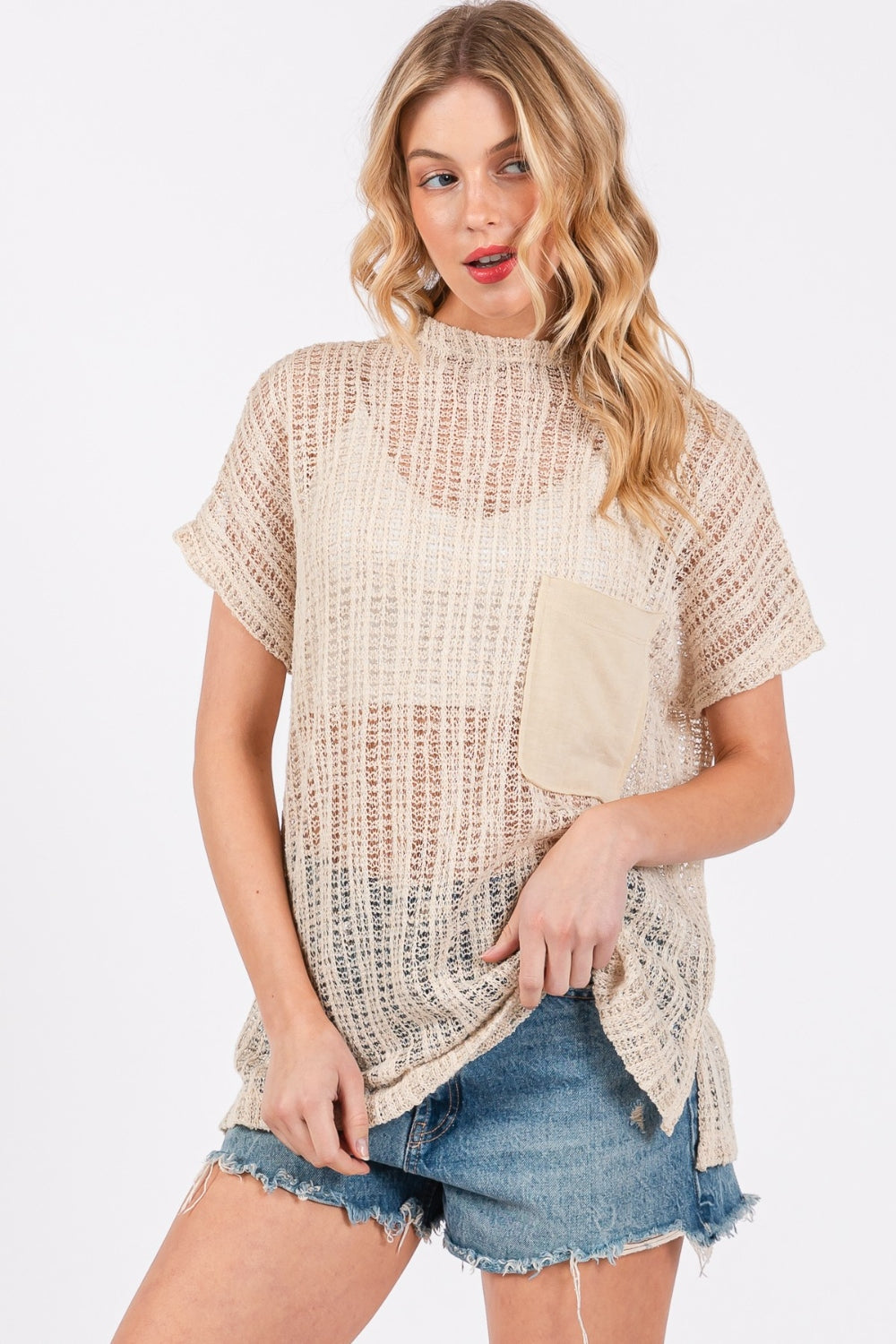 Ces Femme Oatmeal See Through Crochet Mock Neck Cover Up Oatmeal Trendsi