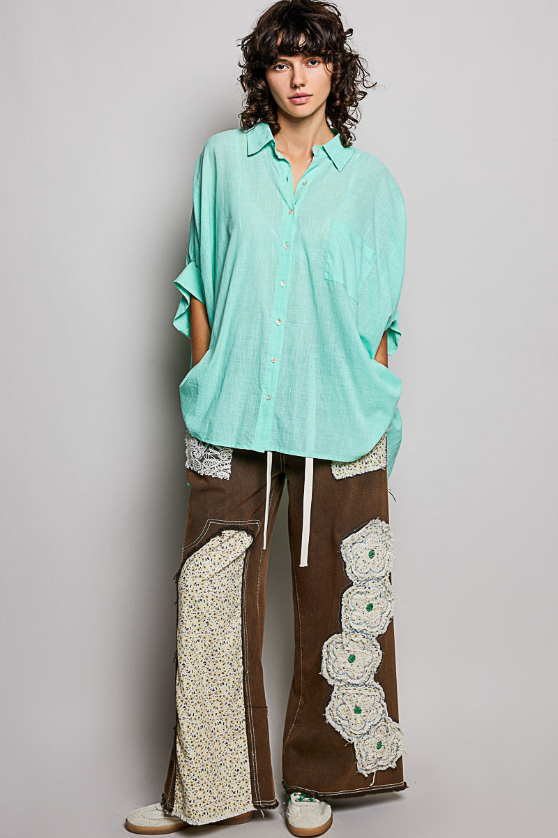 POL Mint Button Down Half Dolman Sleeve Shirt